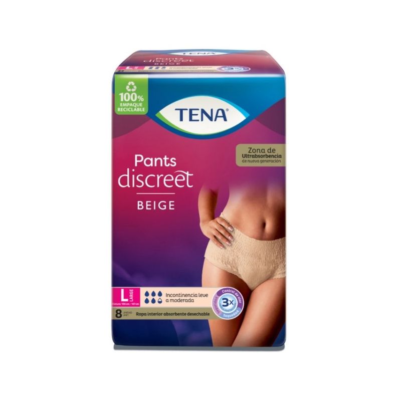 PAÑALES TENA PANTS DISCREET L BEIGE BOLSA X 8 UNDS - Farmacia Pasteur -  Medicamentos y cuidado personal