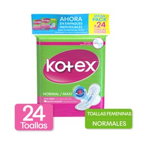 TOALLAS KOTEX NORMAL TELA ALAS PAQUETE X 24 UNDS