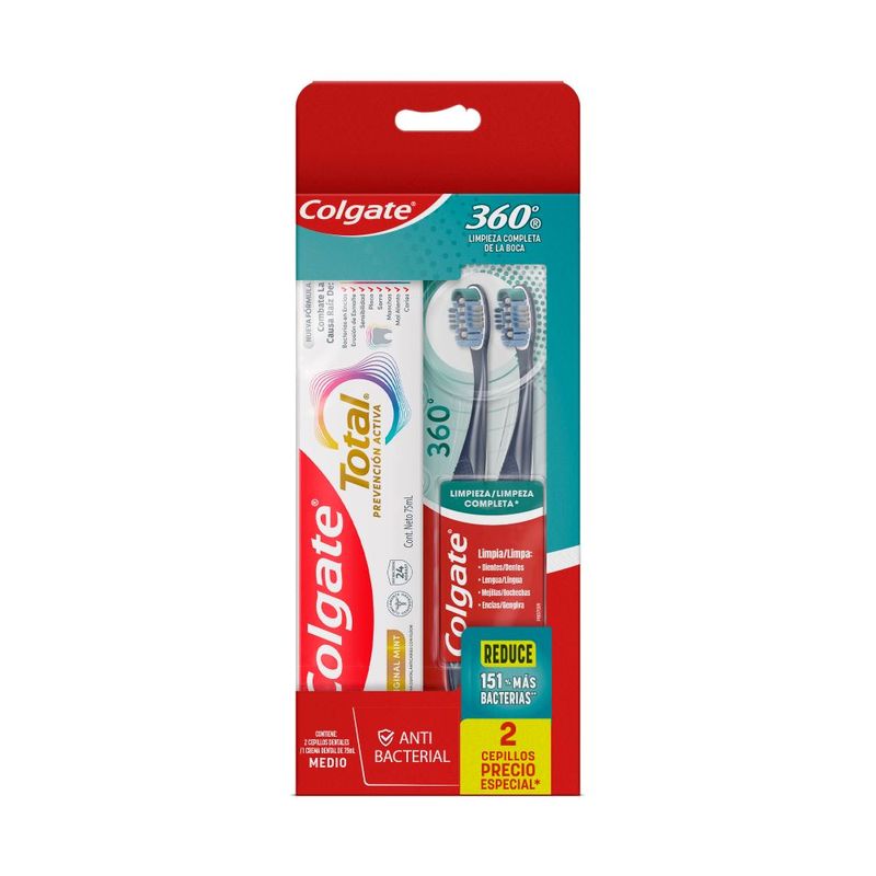 CEPILLO ANTIBACTERIAL 360 X 2 UNDS + CREMA DENTAL ORIGINAL MINT CAJA 75 ML